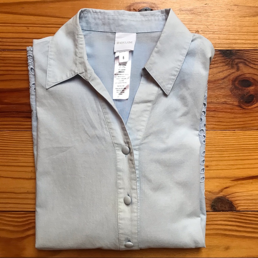 Madeleine Light Blue Cotton Eyelet Button Down Top, EUC, 6 - Picture 13 of 13